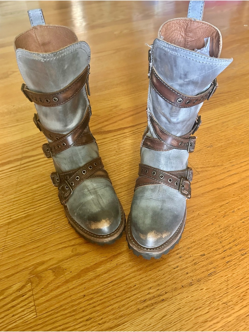 Freebird Ice Hallie Leather Moto Boots with Brown Strap Detailing